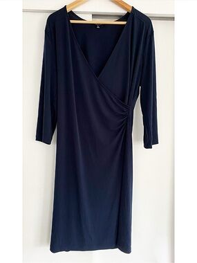 Jones New York Signature Navy Faux Wrap Career Midi Dress 3/4 Sleeve Stretch L